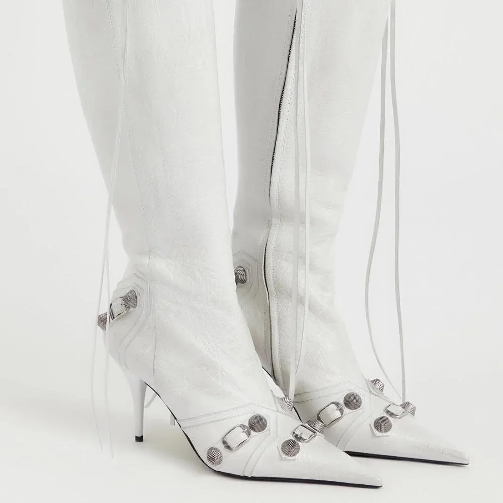 🆕Womens Faux Leather White Stiletto Knee High Pointed Toe High Heel Zipper Boot